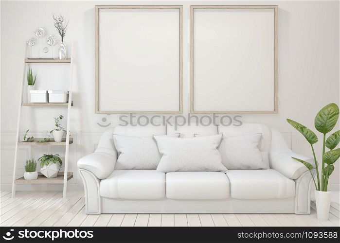 Interior poster mock up with empty wooden frames, sofa, plant and lamp in empty room with white wall. 3D rendering