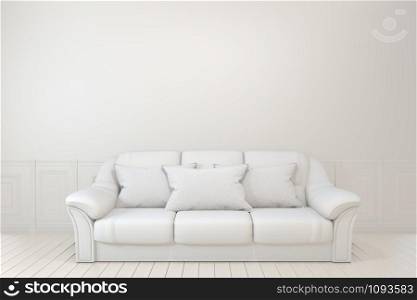 Interior poster mock up with empty wooden sofa, plant and lamp in empty room with white wall. 3D rendering