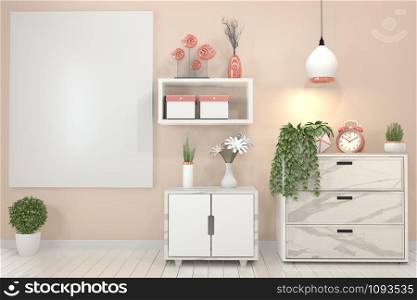 Interior poster mock up with granite cabinet and wooden frame on pink wall and decoration plants.3D rendering