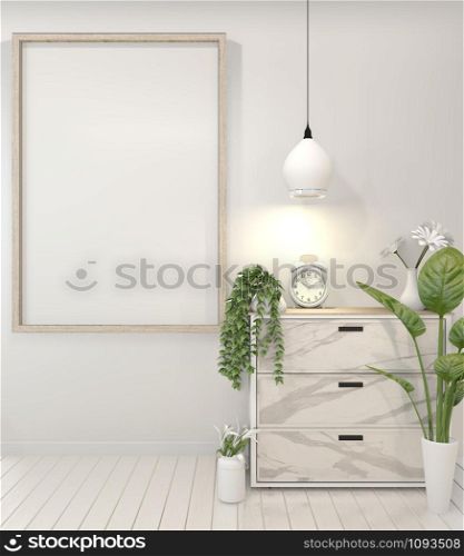 Interior poster mock up with granite cabinet and wooden frame on wall and decoration plants.3D rendering