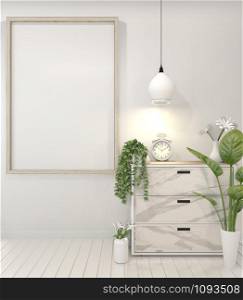 Interior poster mock up with granite cabinet and wooden frame on wall and decoration plants.3D rendering