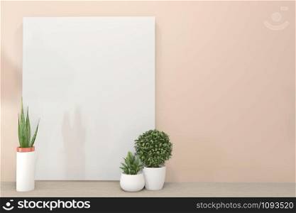 Interior poster mock up with wooden frame standing on wood floor and decoration plants.3D rendering