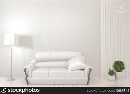 Interior poster mock up wooden frames, sofa, plant and lamp in living room with white wall minimal design. 3D rendering