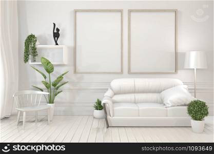 Interior poster mock up wooden frames, sofa, plant and lamp in living room with white wall minimal design. 3D rendering
