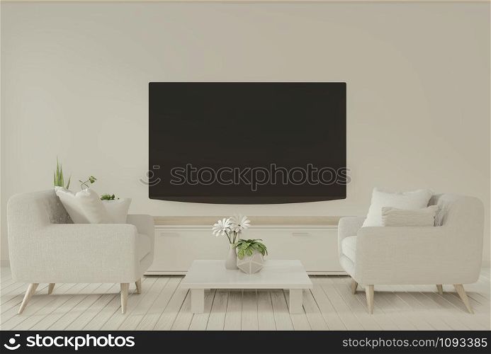 Interior poster smart tv cabinet and arm chair on room minimal design .3D rendering.