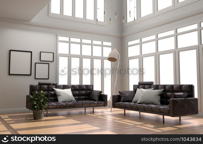 Interior Room Design - Living Room White Scandinavian style with wooden floor and white wall background. 3D rendering