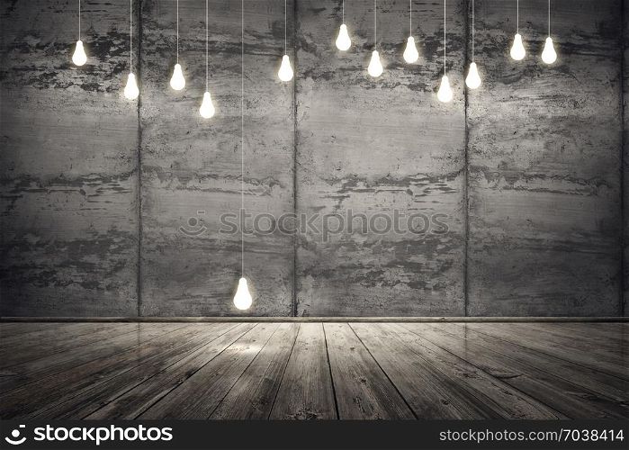 Interior room with dirty concrete cement wall and wooden plank floor. Lightbulbs on seams wall. Underground showroom. 3d rendering illustration