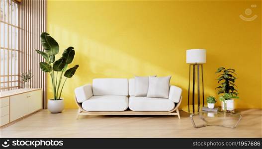 Interior scene mock up with yellow wall room and white sofa minimalism. 3D rendering