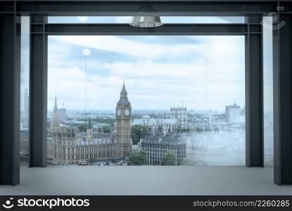 interior space of modern empty office interior with london city background