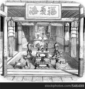 Interior view of a Buddhist temple, vintage engraved illustration. Magasin Pittoresque 1858.