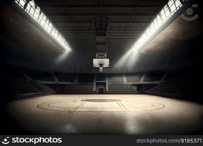 Interior view of an illuminated basketball stadium for a game. Neural network AI generated art. Interior view of an illuminated basketball stadium for a game. Neural network generated art
