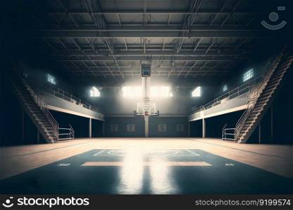 Interior view of an illuminated basketball stadium for a game. Neural network AI generated art. Interior view of an illuminated basketball stadium for a game. Neural network generated art