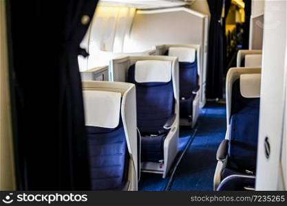 Interior view of Empty Airplane seats on board a luxury jet liner