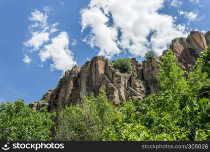 Interior view of Ihlara Valley, along gorge cut into volcanic rock in the southern part of Cappadocia in Aksaray,Turkey. Interior view of Ihlara Valley in Aksaray, Turkey