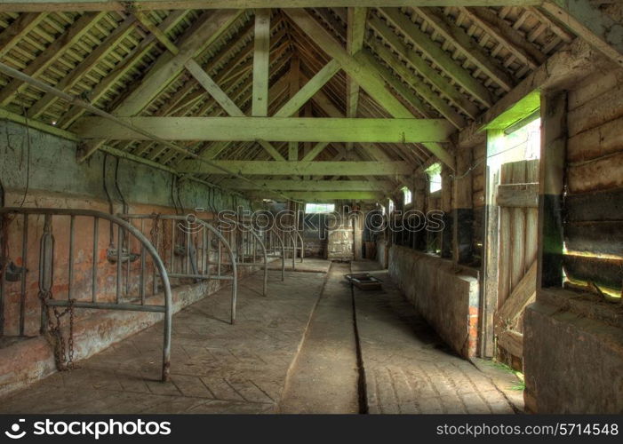 Interior view of old cowshed, Worcestershire, England.