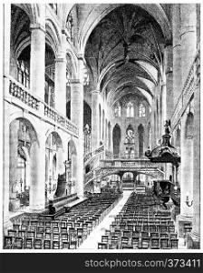 Interior view of Saint-Etienne du Mont, vintage engraved illustration. Paris - Auguste VITU ? 1890.