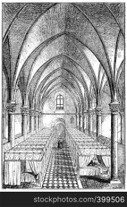 Interior view of St. John's Hospital, Angers, first establishment of the Daughters of Charity in the provinces, vintage engraved illustration.