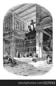 Interior view of the Church of St, Mary, founded by St, Helena, in Bethlehem, vintage engraved illustration. Magasin Pittoresque 1846.
