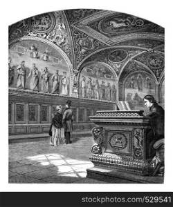 Interior view of the courtroom college Currency Exchange, Perugia, vintage engraved illustration. Magasin Pittoresque 1847.
