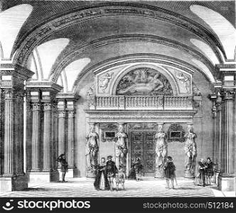 Interior view of the Hall of the Caryatids in the Louvre, vintage engraved illustration. Magasin Pittoresque 1843.