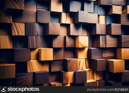  interior wall decorated with wood.   wooden background wall from cubes. Generative AI
