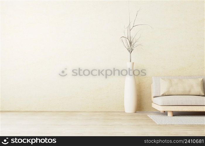 Interior wall mockup in warm neutrals with low sofa, beige pillow and dried plant on ceramic pot in style living room with empty concrete wall background. 3D illustration