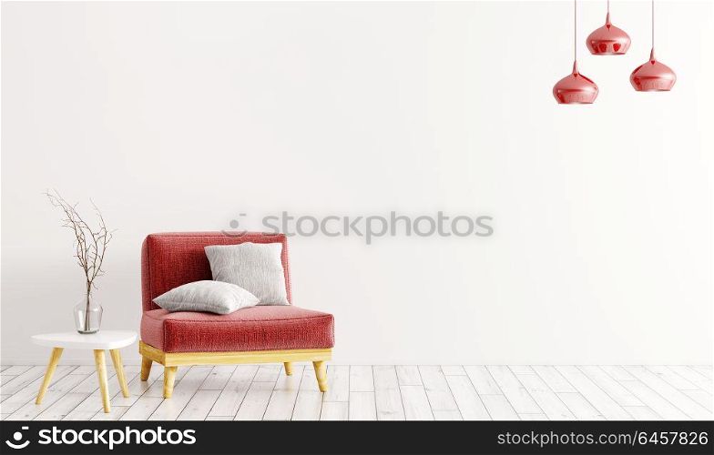 Interior with armchair, coffee table and lamps 3d rendering. Interior of living room with red velvet armchair, gray cushions, wooden coffe table with vase and lamps over white wall 3d rendering