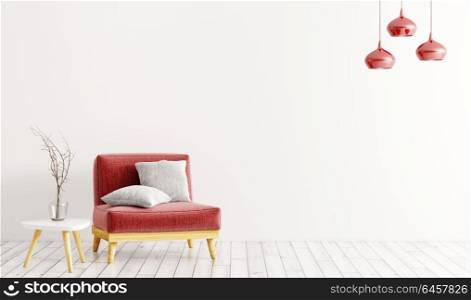 Interior with armchair, coffee table and lamps 3d rendering. Interior of living room with red velvet armchair, gray cushions, wooden coffe table with vase and lamps over white wall 3d rendering