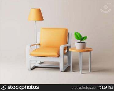 Interior with armchair, floor lamp, small table and plant on floor. Simple 3d render illustration. Isolated objects on pastel background. Interior with armchair, floor lamp, small table and plant on floor. Simple 3d render illustration.