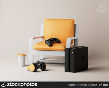 Interior with armchair, game console, cup, headphones and gamepad on floor. Simple 3d render illustration. Isolated objects on pastel background. Interior with armchair, game console, cup, headphones and gamepad on floor. Simple 3d render illustration.