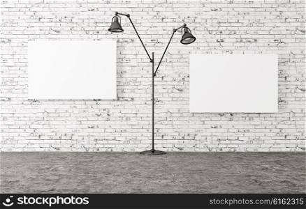 Interior with black floor lamp and two posters over brick wall 3d render