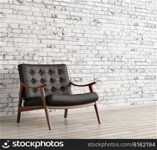 Interior with black leather armchair against of white brick wall 3d rendering