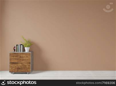 Interior with brown wall and wood side table sideboard empty wall for copy space ,3d rendering
