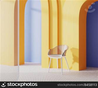 interior with modern chair and yellow arches, blue walls and glass partition, 3d rendering