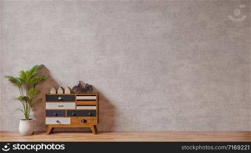 Interior with raw concrete wall ,tree and wood side table sideboard empty wall for copy space ,3d rendering