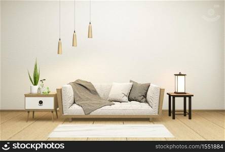 Interior with velvet sofa on empty white wall background japanese style, 3D rendering