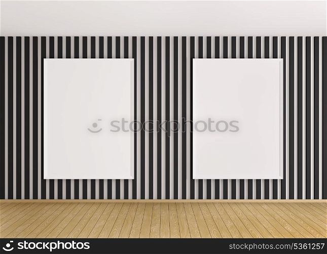 Interior with white frames over the black wall