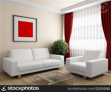 interior with white furniture and red curtain
