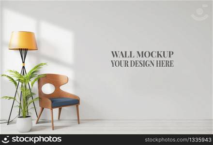 Interior with white wall wooden chair and wooden floor,lamp empty wall for copy space ,3d rendering