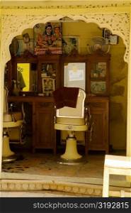 Interiors of a barber shop, Jaisalmer, Rajasthan, India
