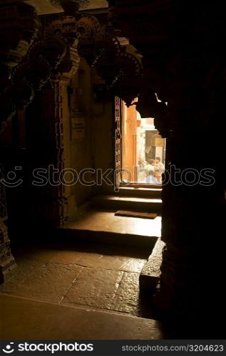Interiors of a temple seen from a window, Jain Temple, Jaisalmer, Rajasthan, India