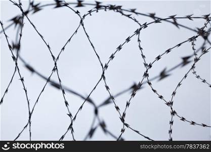 Interlaced barbed Wire over grey sky background. Barbed Wire