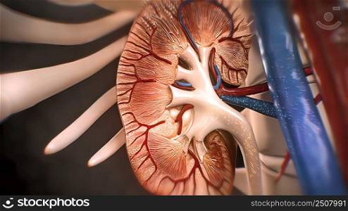 internal structure of the kidney 3D illustration. internal structure of the kidney