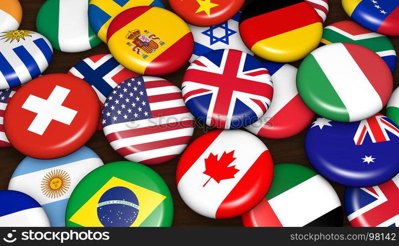 International business concept with world flags on scattered buttons badges background 3d illustration.