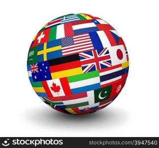 International business, travel services and global management concept with a globe and international flags of the world 3d illustration on white background.