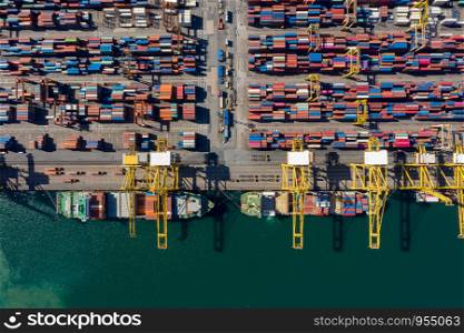 international cargo container shipping port by the sea business aerial top view in Thailand