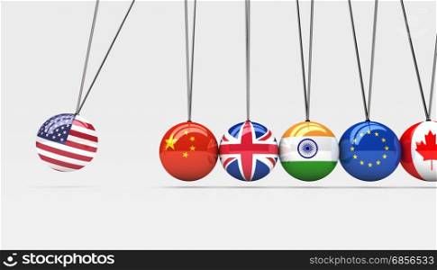 International countries relationships and global economy consequences concept with a cradle and flags on spheres 3d illustration.