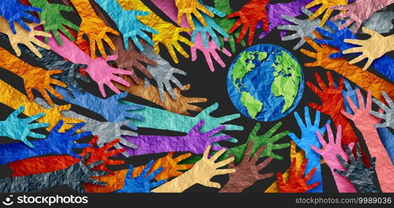 International diversity or earth day and international world culture as a concept of diversity and crowd cooperation symbol as diverse hands holding together the planet earth.