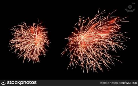 International fireworks festival display at night. Variety of colorful fireworks in holidays celebration isolated on black. Happy New Year Background.