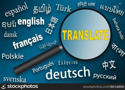 International language translation search concept with magnifying glass, 3d rendering